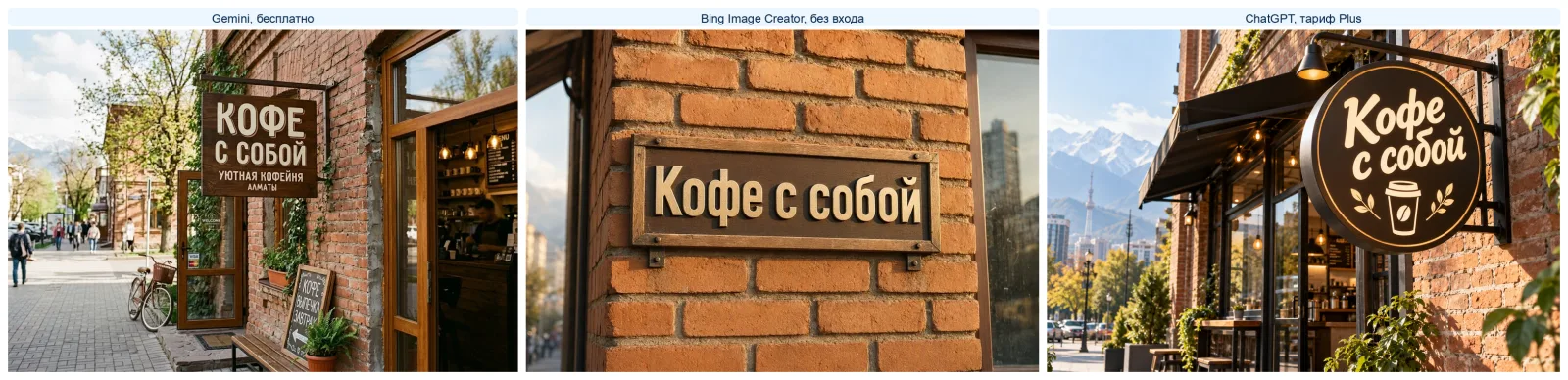 Вывеска кофейни «Кофе с собой» на кирпичной стене по одному промту в Gemini, Bing Image Creator и ChatGPT: три кадра рядом, надпись везде без ошибок
