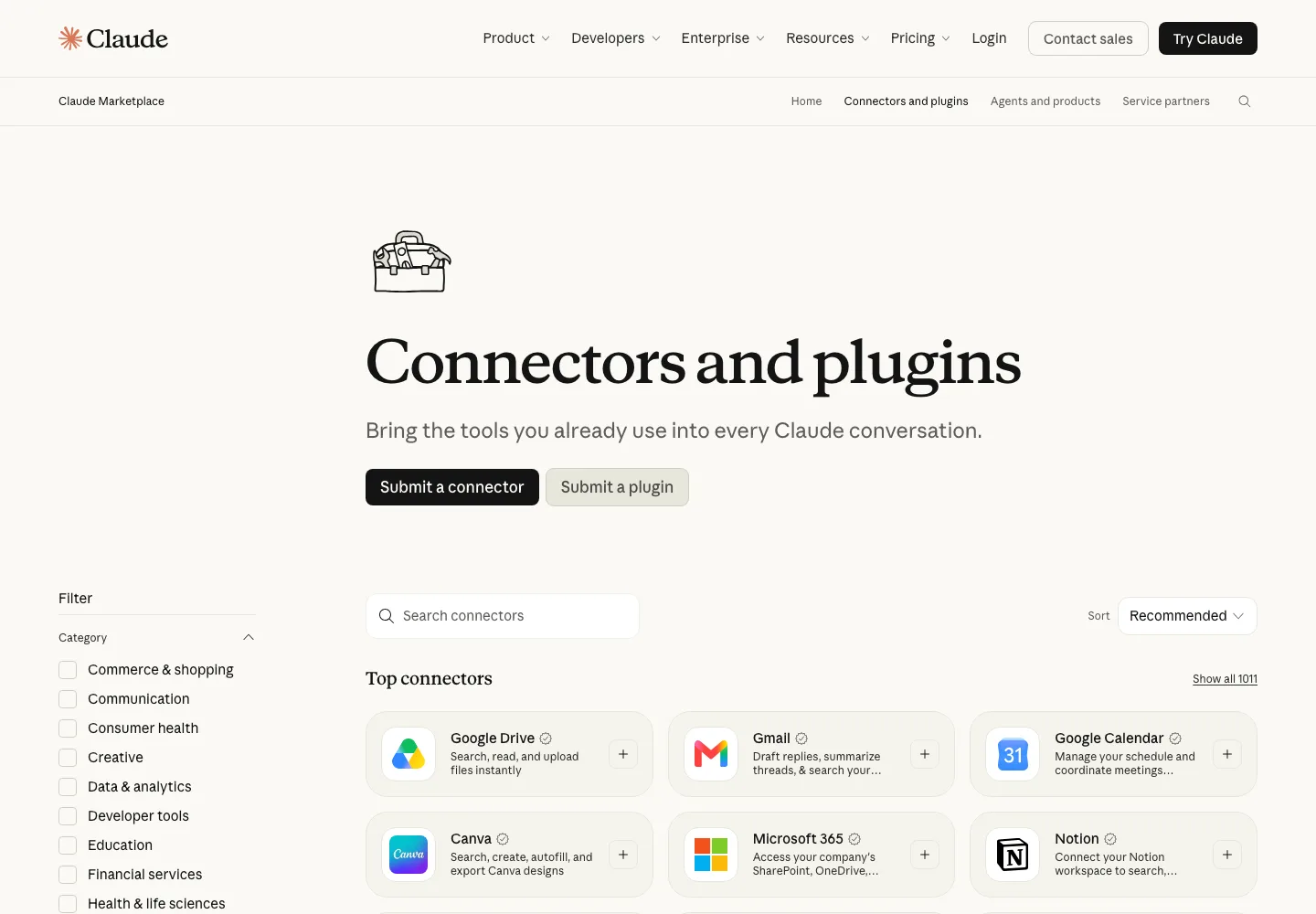 Каталог Connectors and plugins на сайте Claude: 1 011 коннекторов, первыми идут Google Drive, Gmail, Google Calendar, Canva и Notion