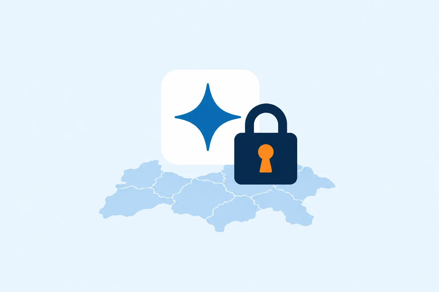 Синяя четырёхлучевая искра Gemini рядом с тёмным замком с оранжевой скважиной над картой региона: доступ к Gemini из России закрыт