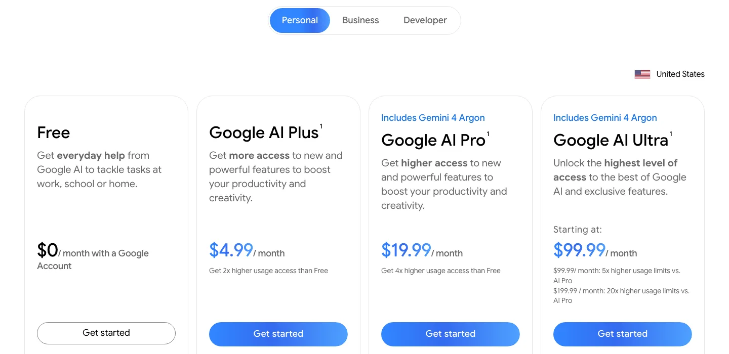 Страница подписок Gemini для США: Google AI Plus за $4.99, AI Pro за $19.99 и AI Ultra за $99.99 или $199.99 в месяц