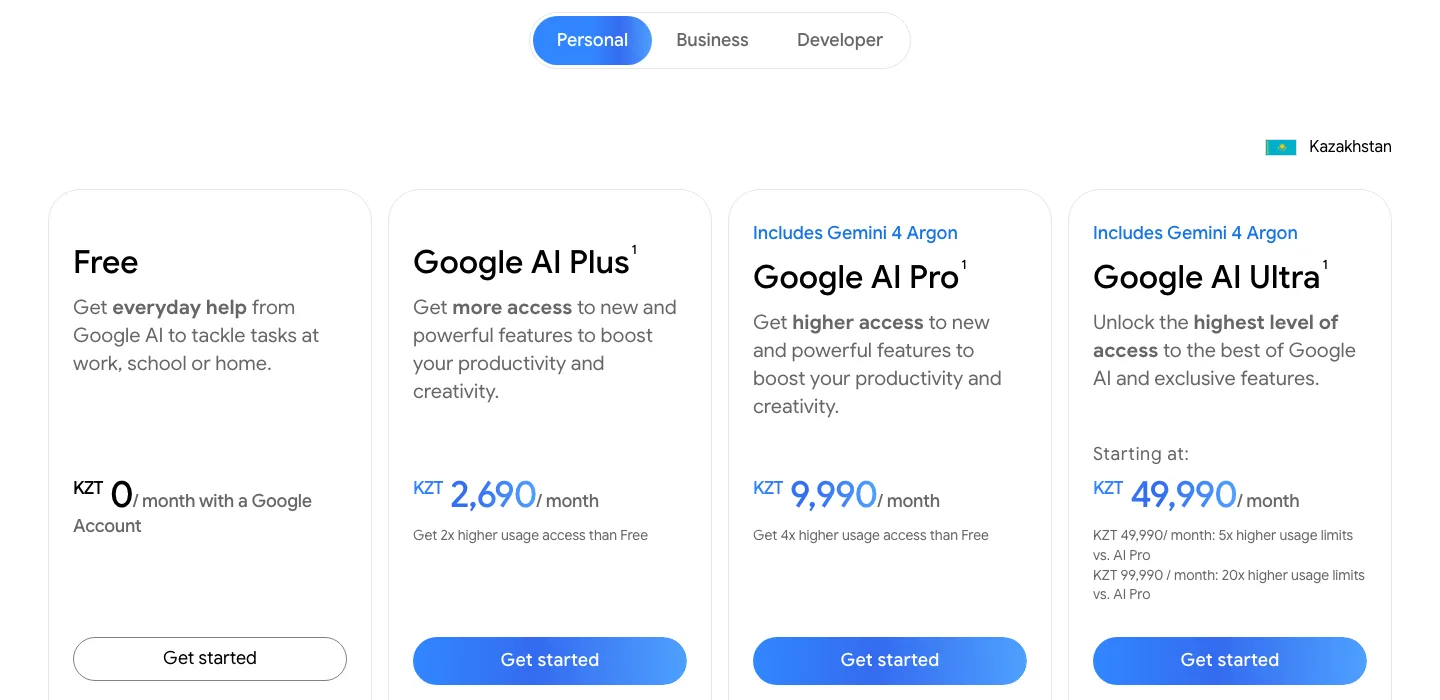 Страница подписок Gemini из Казахстана показывает цены в тенге: AI Plus 2 690 ₸, AI Pro 9 990 ₸, AI Ultra от 49 990 ₸ в месяц