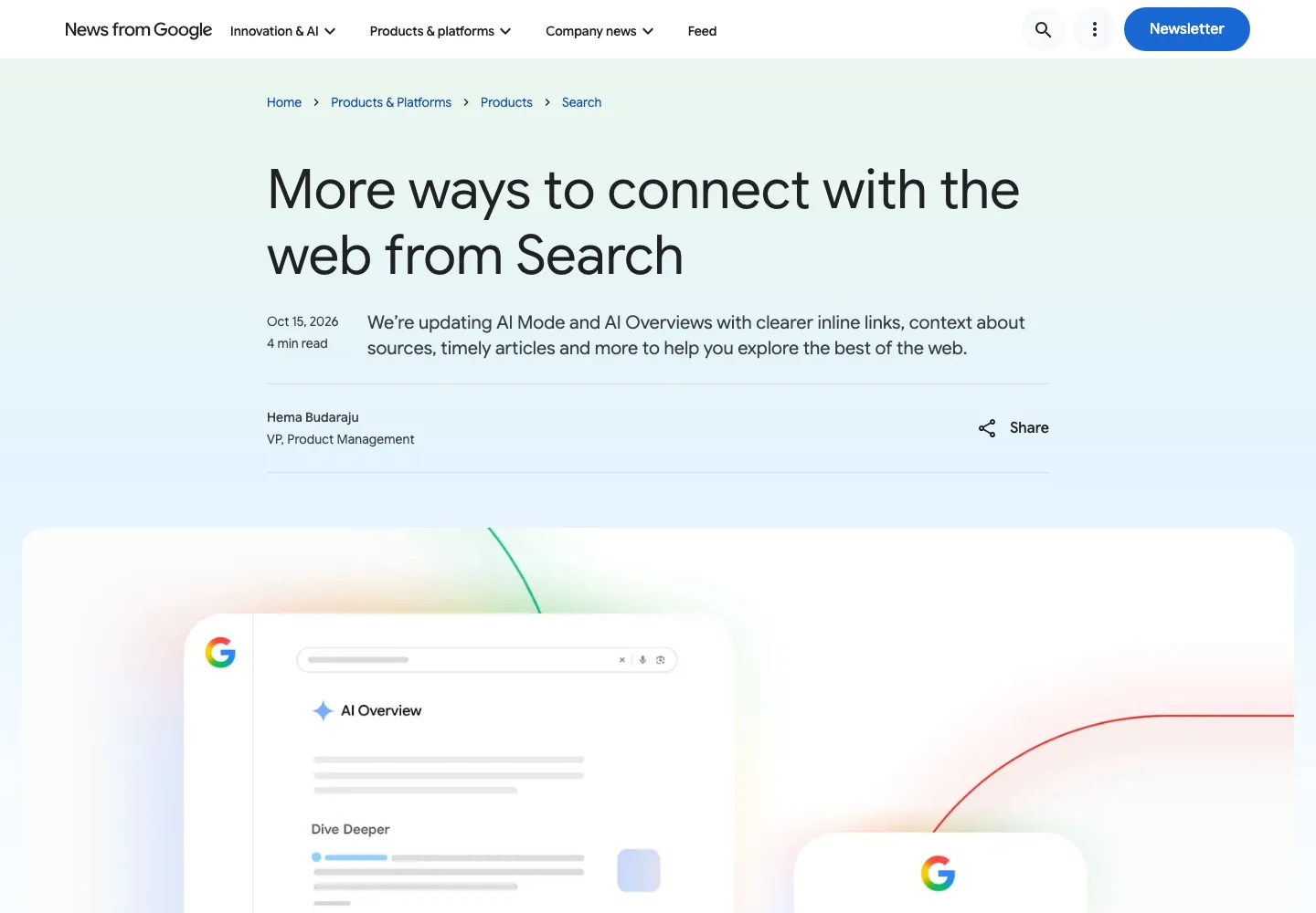 Страница блога Google с анонсом More ways to connect with the web from Search от 15 октября 2026 года