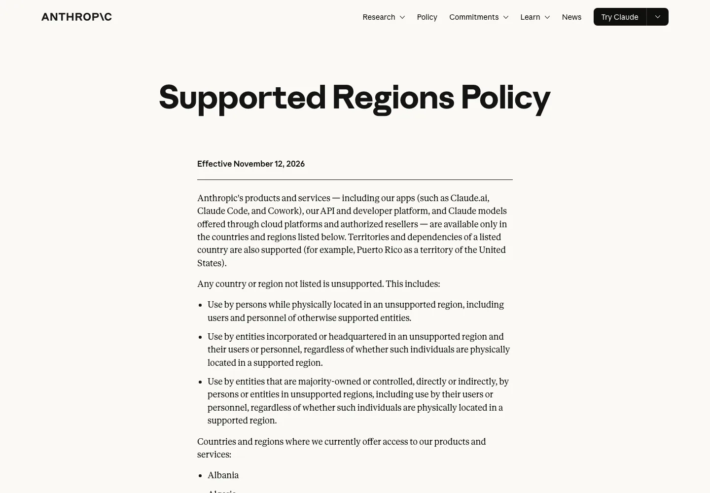 Страница Supported Regions Policy на сайте Anthropic: редакция с 12 ноября 2026 и три случая неподдерживаемого использования