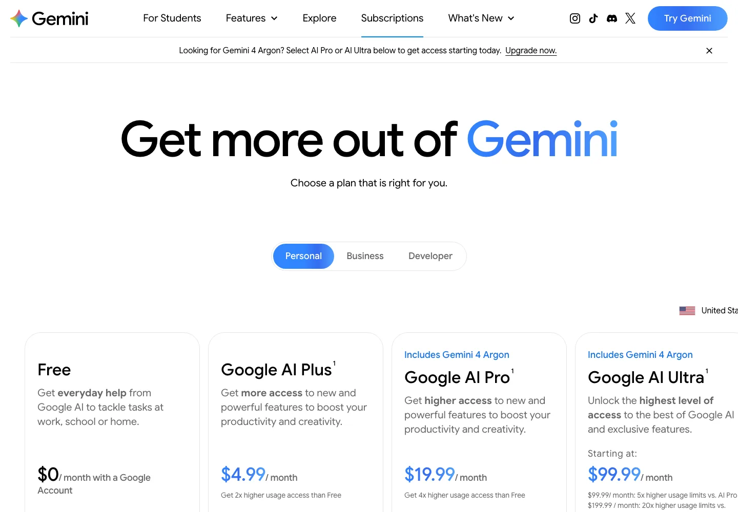 Страница подписок Gemini для США: Google AI Plus за $4.99, Google AI Pro за $19.99 и Google AI Ultra от $99.99 в месяц