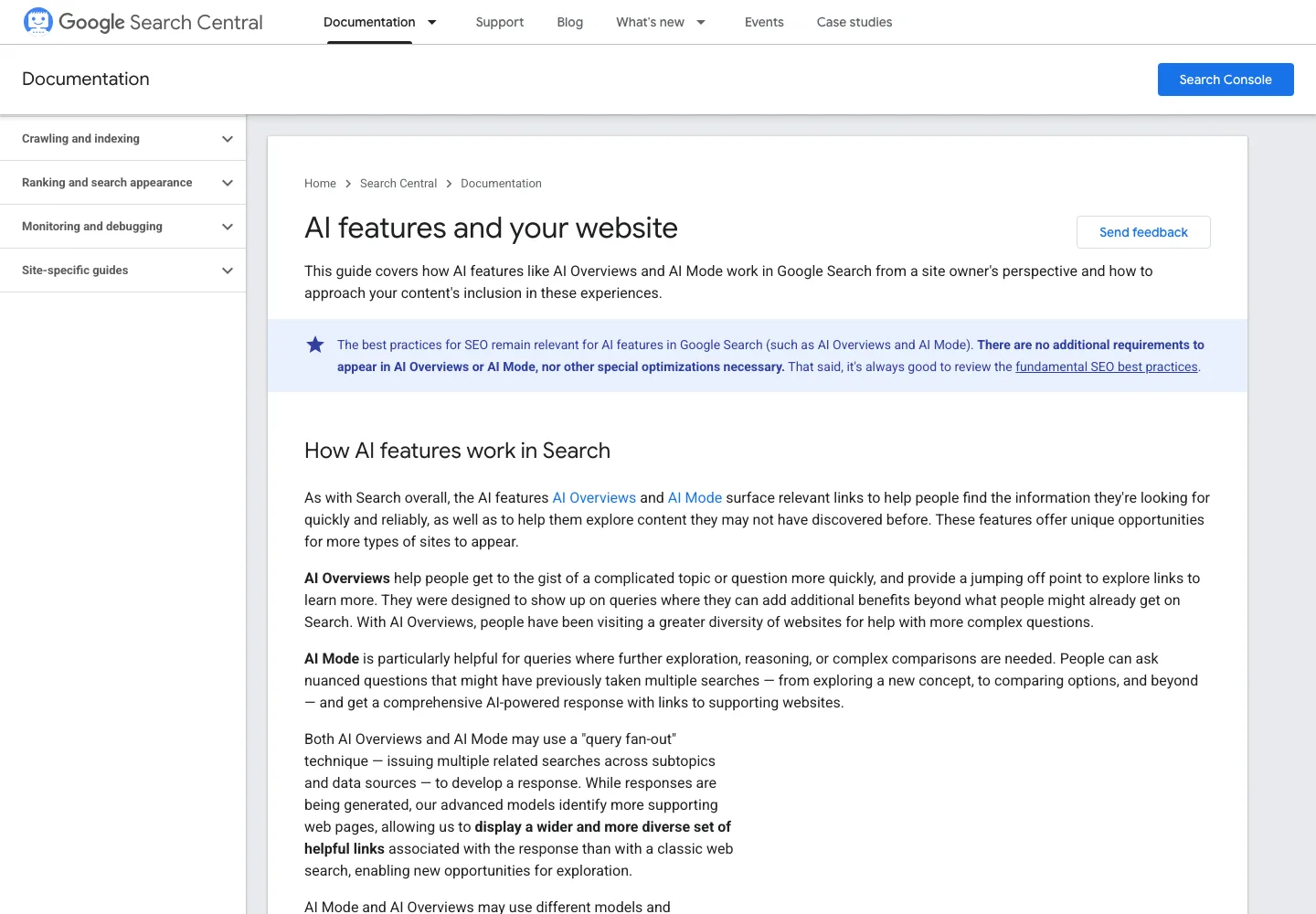 Справка Google Search Central «AI features and your website»: для AI Overviews и AI Mode нет дополнительных требований