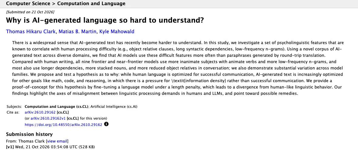 Страница работы Кларка, Мартина и Махоулда на arXiv: название, авторы и аннотация исследования о том, почему текст ИИ трудно понимать