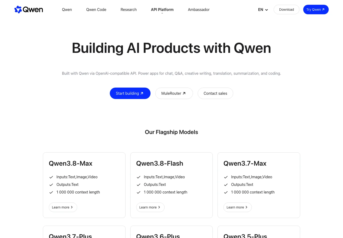 Страница API Platform на qwen.ai: карточки моделей Qwen3.8-Max, Qwen3.8-Flash и Qwen3.7-Max с контекстом 1 млн токенов